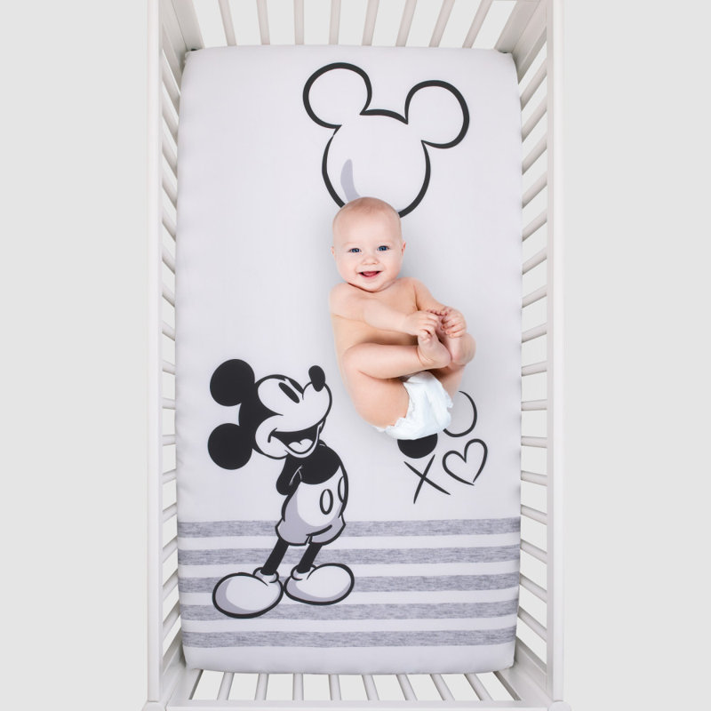 Disney Mickey Mouse Grey Ivory And Black Photo Op Fitted Crib Sheet